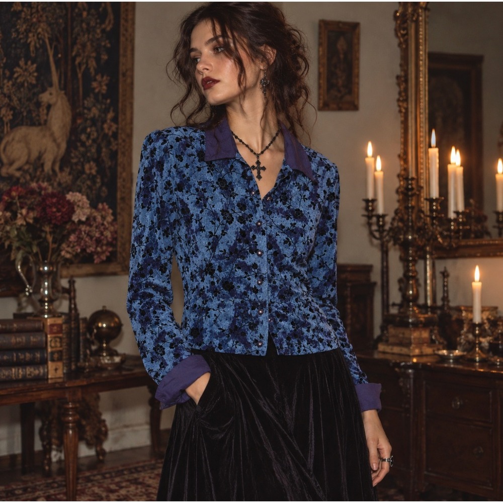 Aqua Blues Vintage 90s Floral Blue Velvet Top Large Whimsigoth Goth Grunge Moody